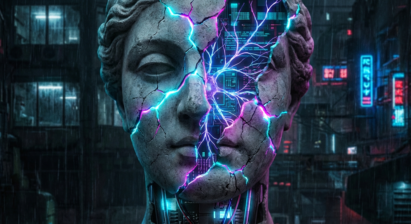 🎭 Маска-персона що розтріскується, всередині цифровий код з neon glow