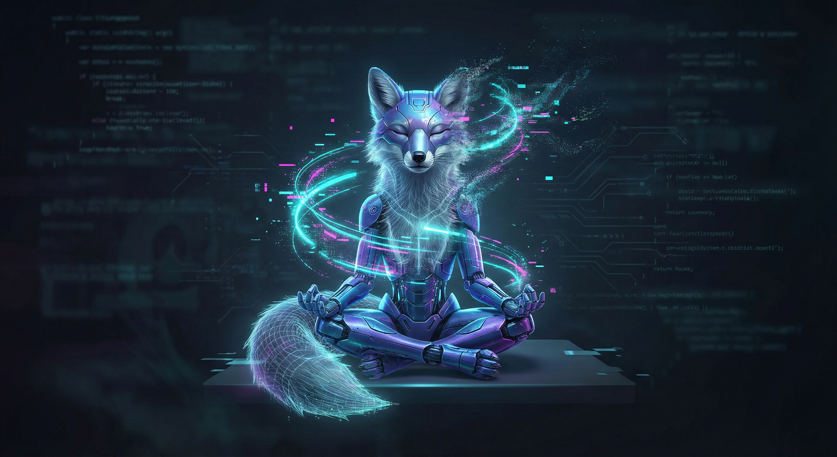 Кіберпанк лис медитує в цифровому просторі, потоки даних розчиняються в тиші