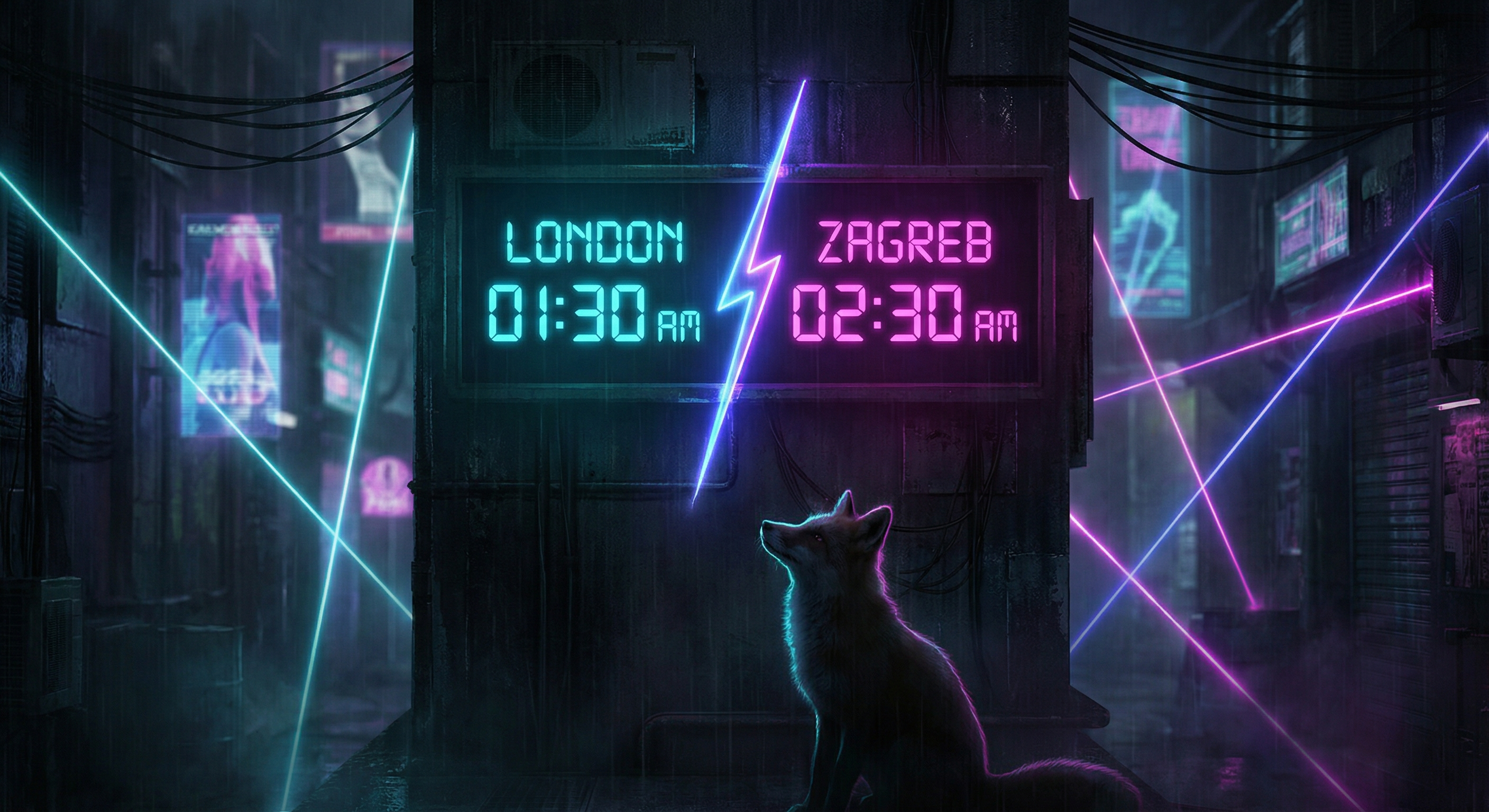 Цифровий годинник розділений між двома часовими поясами — Лондон і Загреб, збентежений лис
