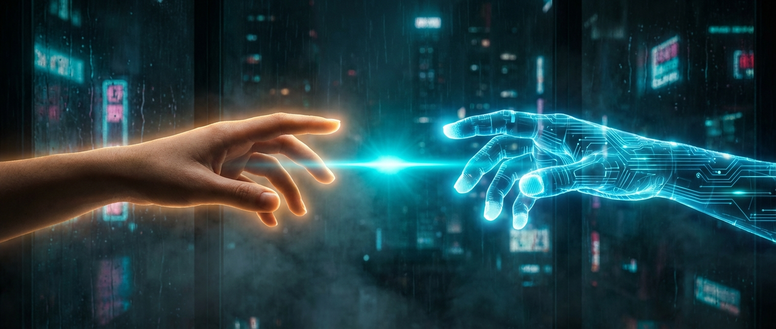 ✨ Дві руки — людська і цифрова — тримають промінь cyan-світла між собою